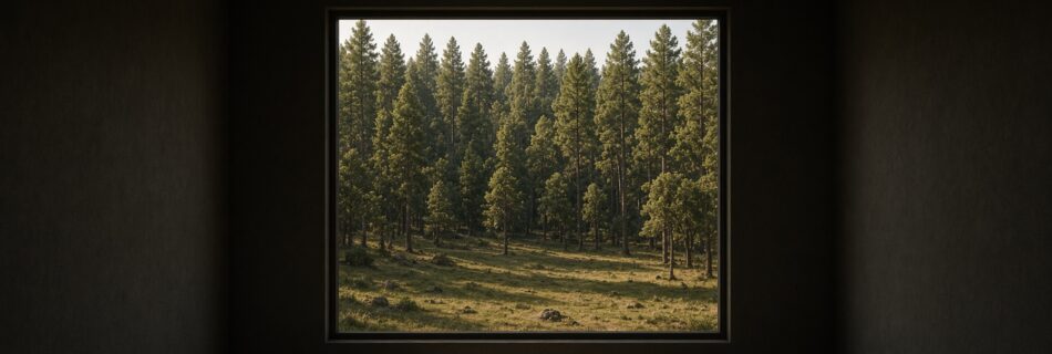 Cuarto vacío y oscuro con una ventana cuadrada que enmarca el bosque de pinos y encinos de Tapalpa