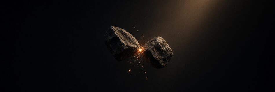 Dos piedras chocando en la oscuridad y lanzando chispas bajo un haz de luz