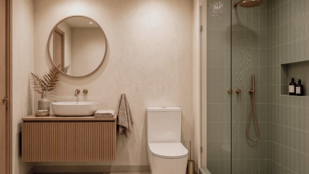 Baño con acabados en verde salvia en K’iin Ka’an
