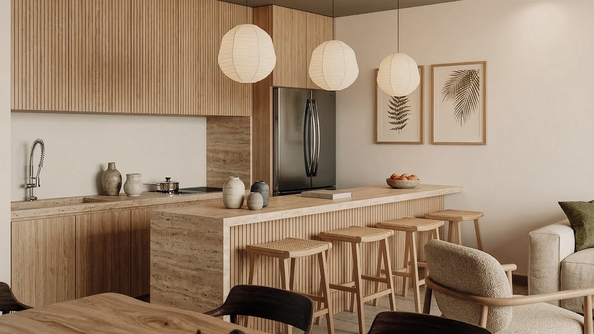 Cocina con isla de travertino y madera en K’iin Ka’an