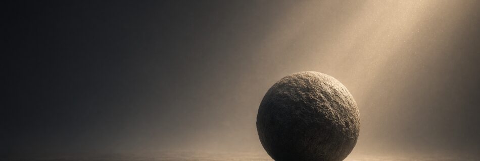 Esfera de piedra iluminada por un haz de luz en un espacio oscuro
