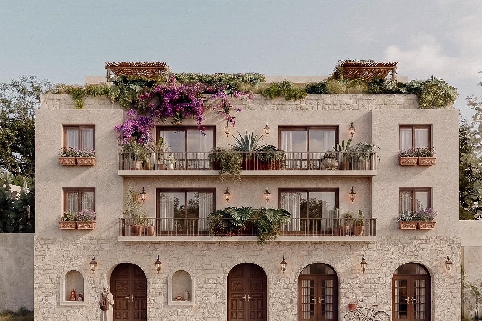 K’iin Ka’an de AERRECU: fachada de piedra con arcos y balcones con vegetación